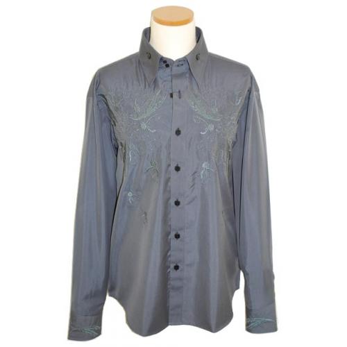 Manzini Charcoal Grey Embroidered Long Sleeves 100% Cotton High-Collar Shirt MZ-65